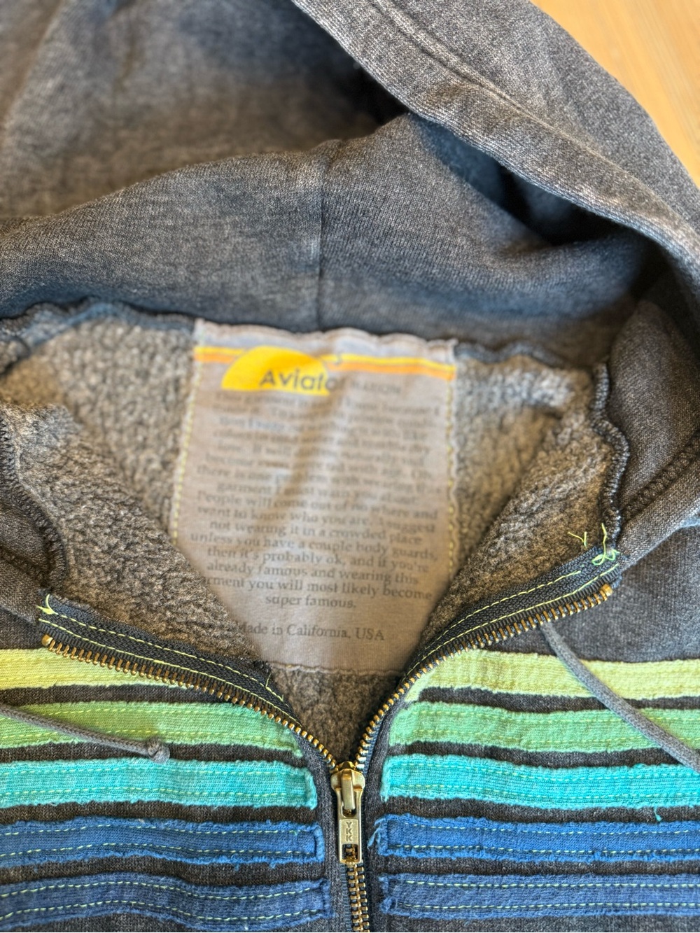 Aviator Nation Gray Hooded Sweatshirt with Blue & Green Stripes